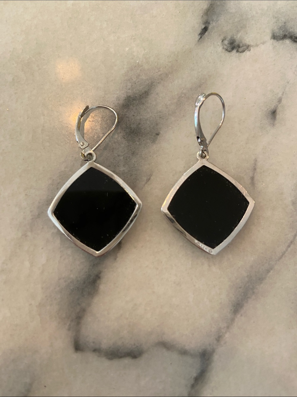 Vintage 14Kt. White Gold and Black Enamel Filigree Drop Earrings. - Picture 2 of 9